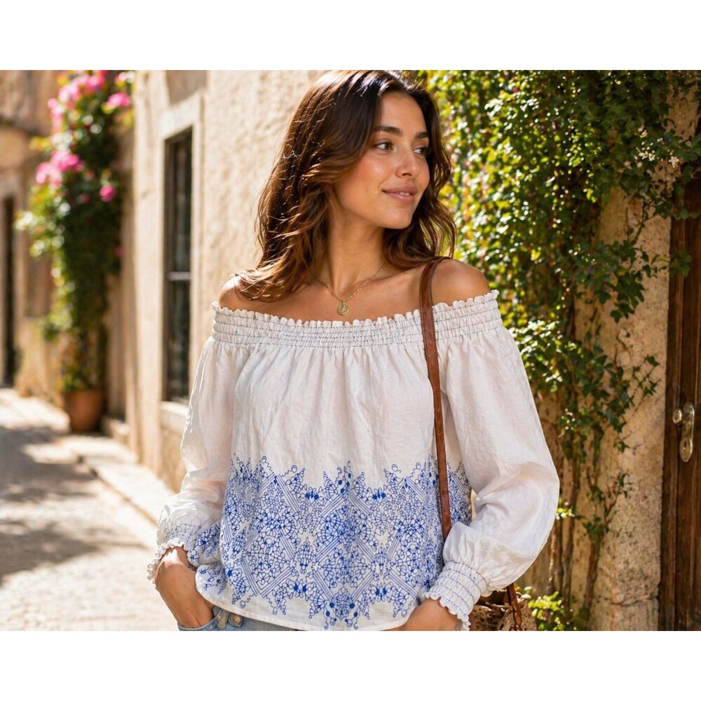 Calligraphie Women’s Off Shoulder Blouse L White Blue Embroidered Boho Linen Top